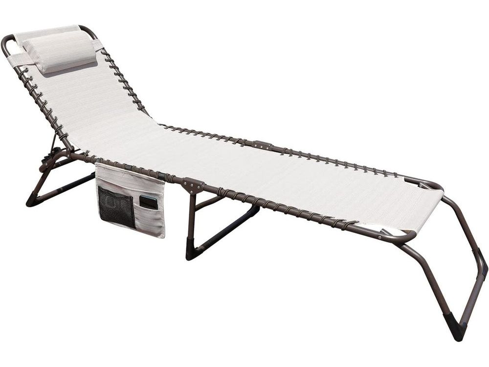 Foldable Patio Chaise Lounge Chair for Outdoor with Detachable Pocket and Pillow, Portable Adjustable Sun Lounger Recliner for Beach, Camping and Pool Style Your Walls beige